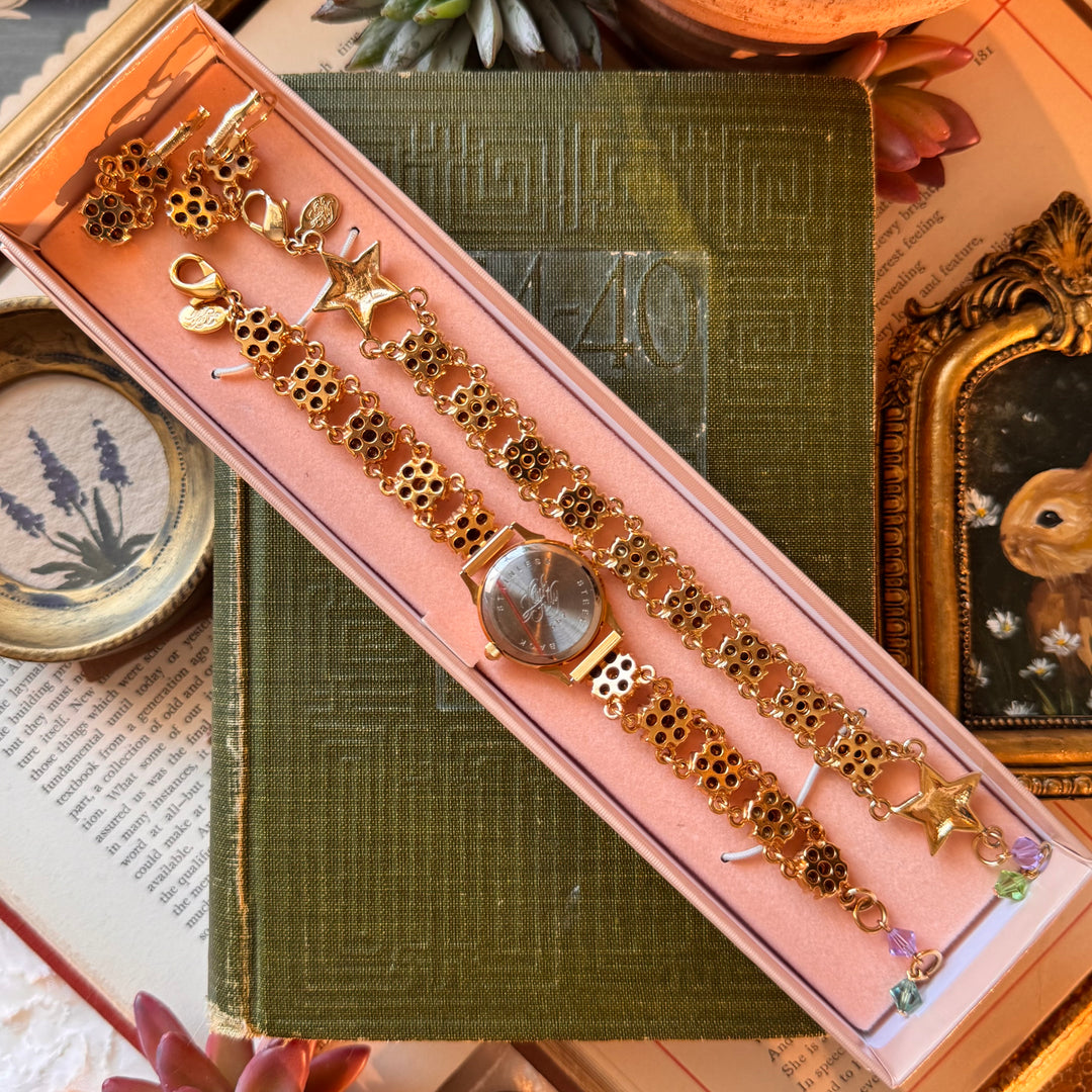 Extremely Rare Gold Kirks Folly Watch with Matching Bracelet and Earrings