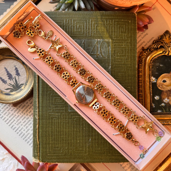 Extremely Rare Gold Kirks Folly Watch with Matching Bracelet and Earrings