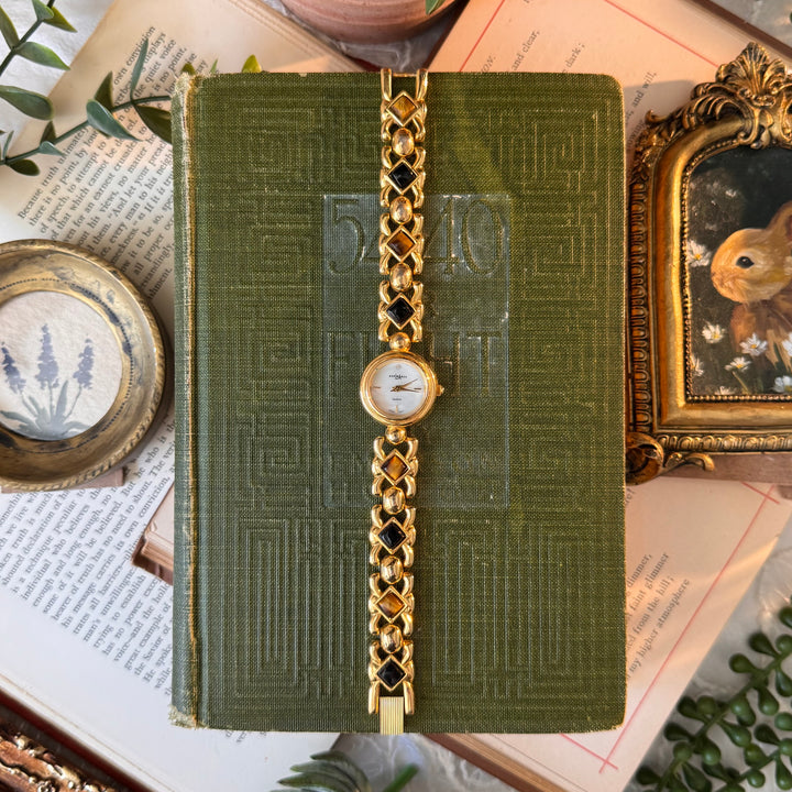 Gold Watch with Black & Brown Stones