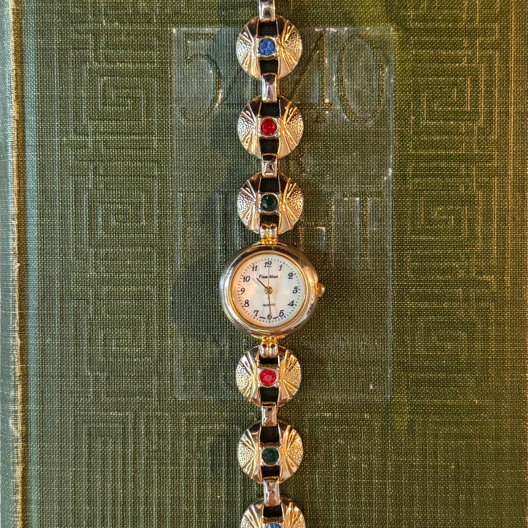 Gold Watch with Multicolored Rhinstones