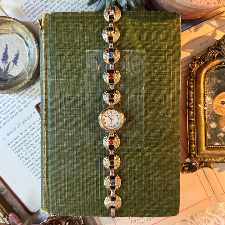 Gold Watch with Multicolored Rhinstones