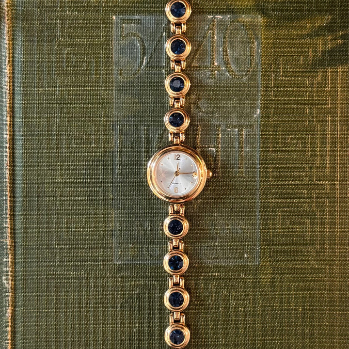Gold Watch with Blue Rhinestones