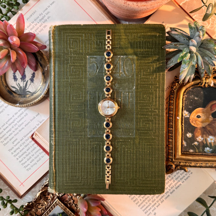 Gold Watch with Blue Rhinestones