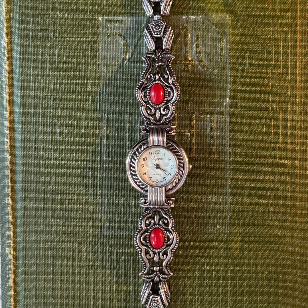 Silver Ornate Watch with Red Stones