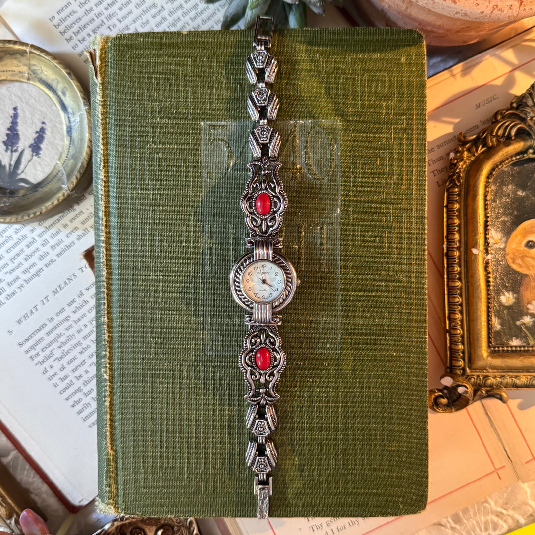 Silver Ornate Watch with Red Stones