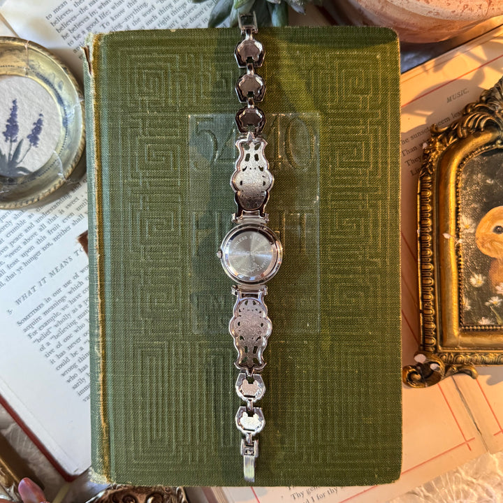 Silver Ornate Watch with Blue Stones