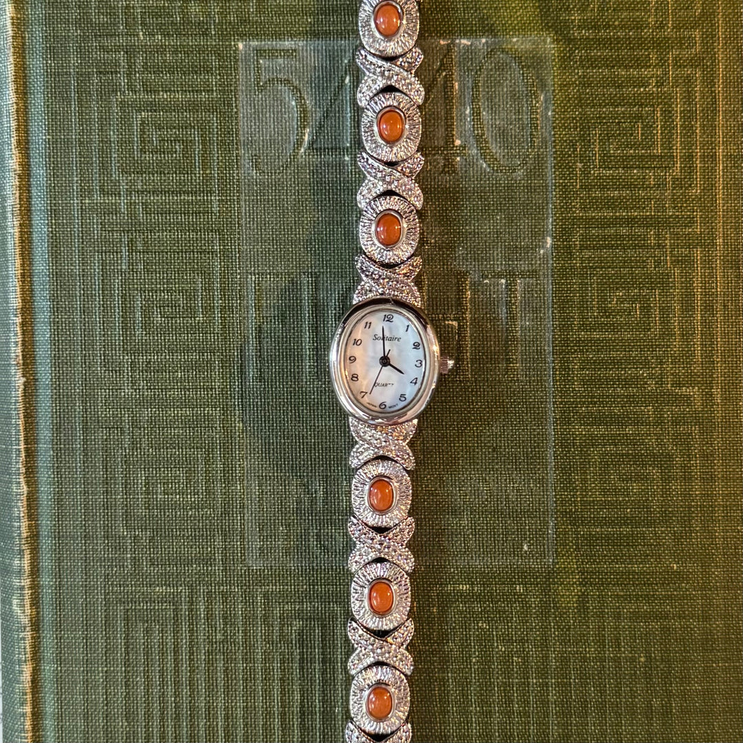 Silver Ornate Watch with Brownish Stones