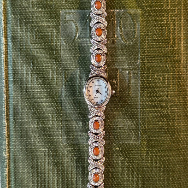 Silver Ornate Watch with Brownish Stones