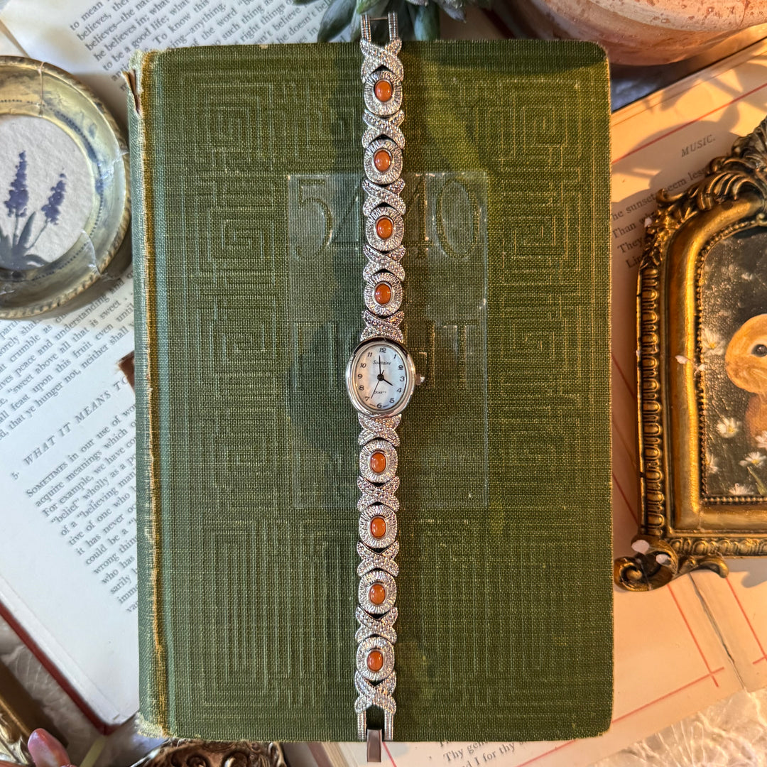 Silver Ornate Watch with Brownish Stones