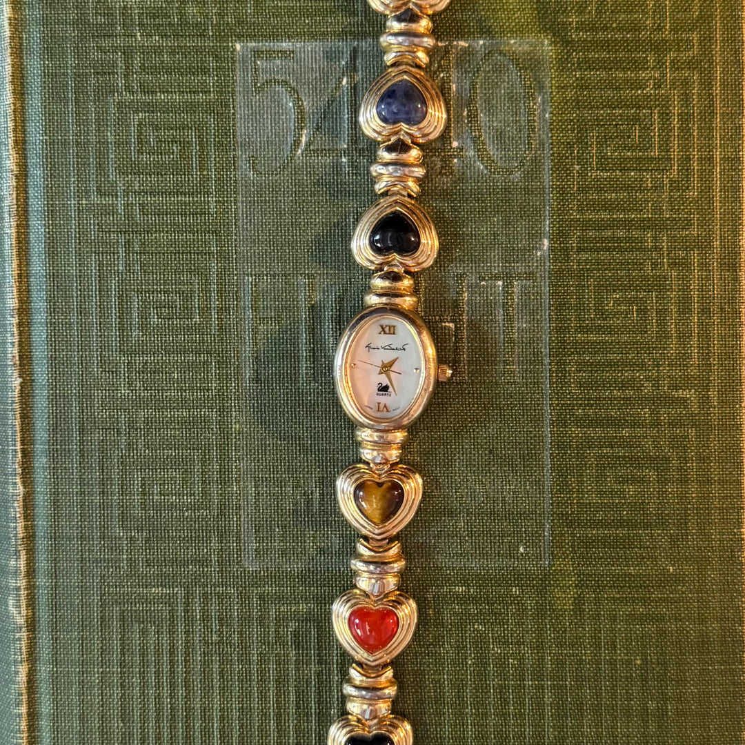 Gold Heart Watch with Multicolored Stones