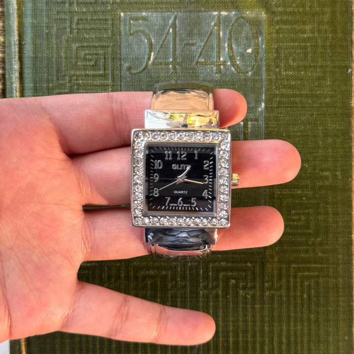 Silver Watch with Rhinestones & Black Face