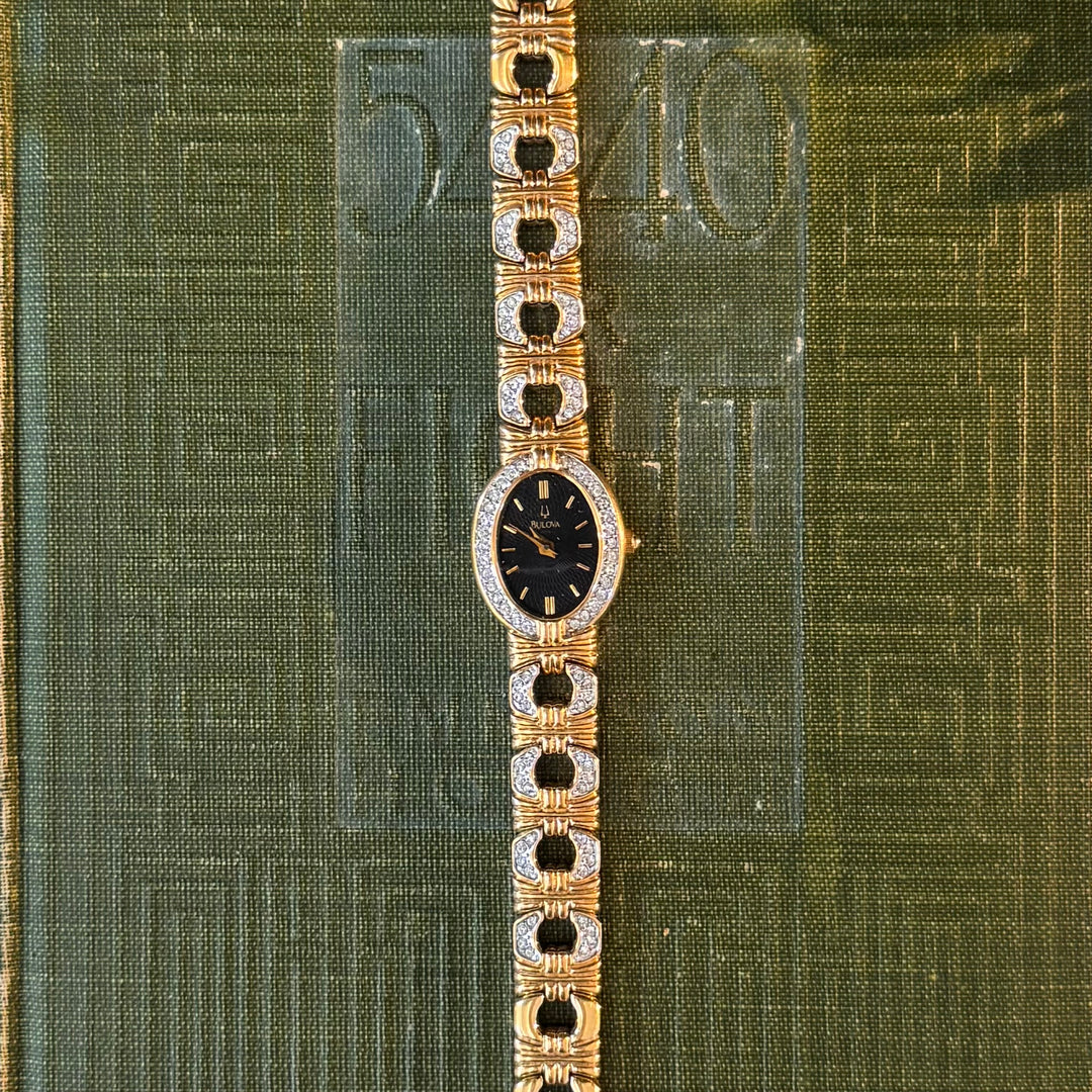 Gold Watch with Rhinestones & Black Face