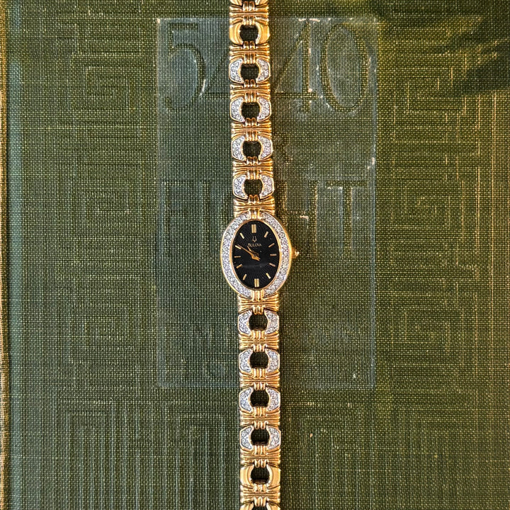 Gold Watch with Rhinestones & Black Face