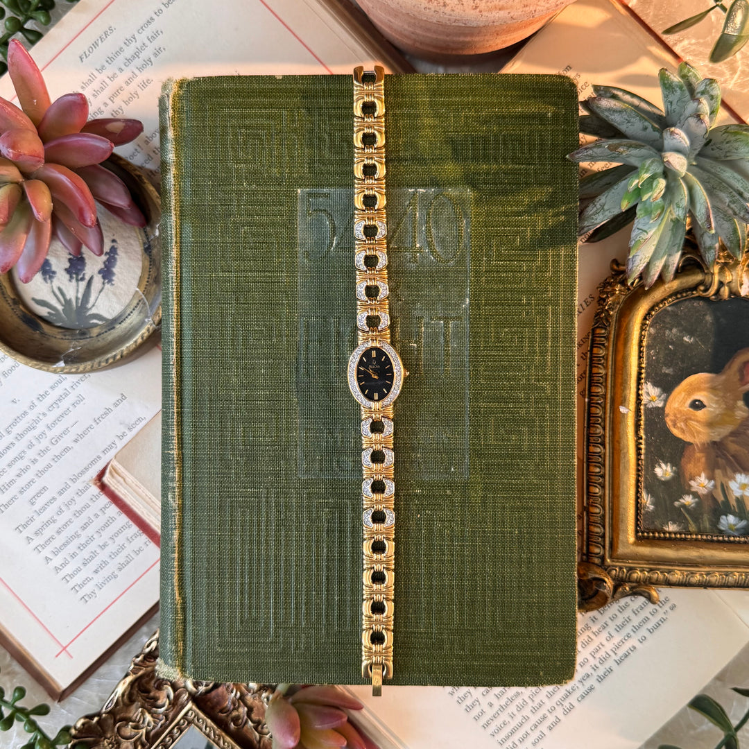 Gold Watch with Rhinestones & Black Face