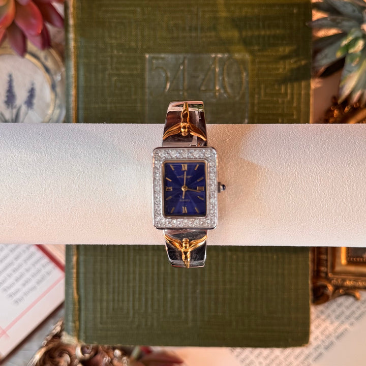 Two Tone Watch with Rhinestones & Blue Face