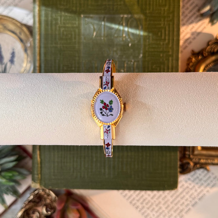 Gold Floral Enamel Peekaboo Watch
