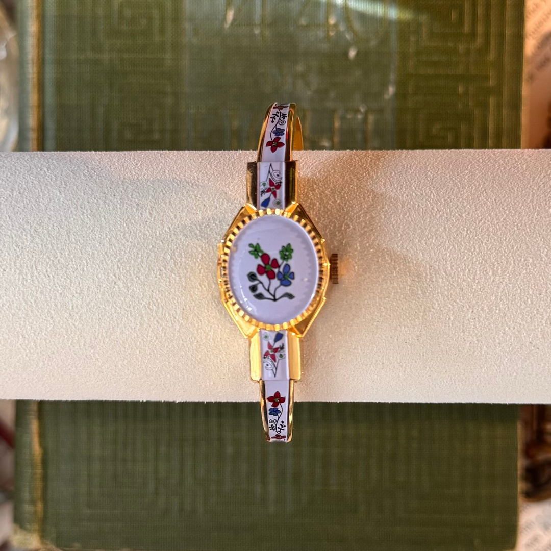 Gold Floral Enamel Peekaboo Watch