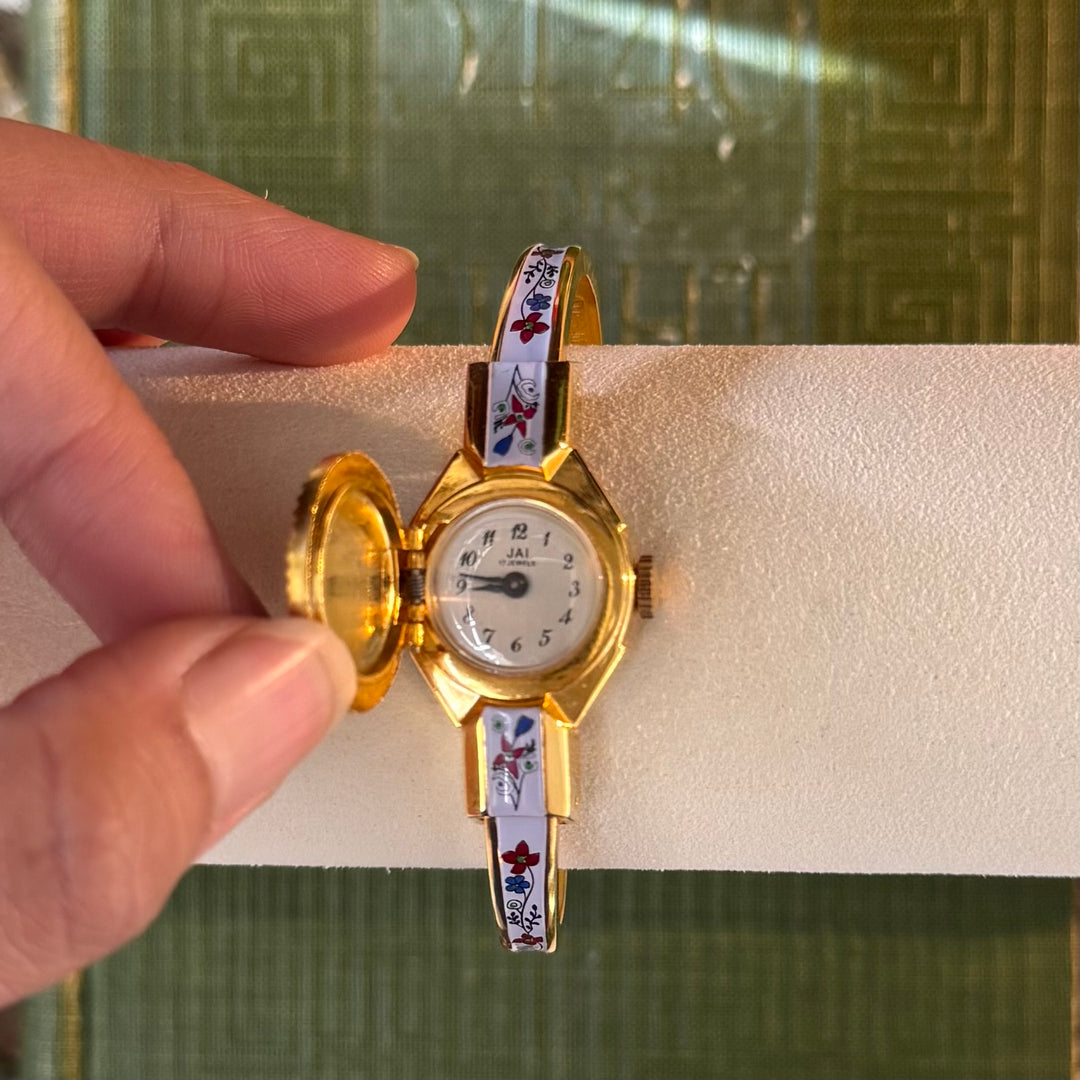 Gold Floral Enamel Peekaboo Watch