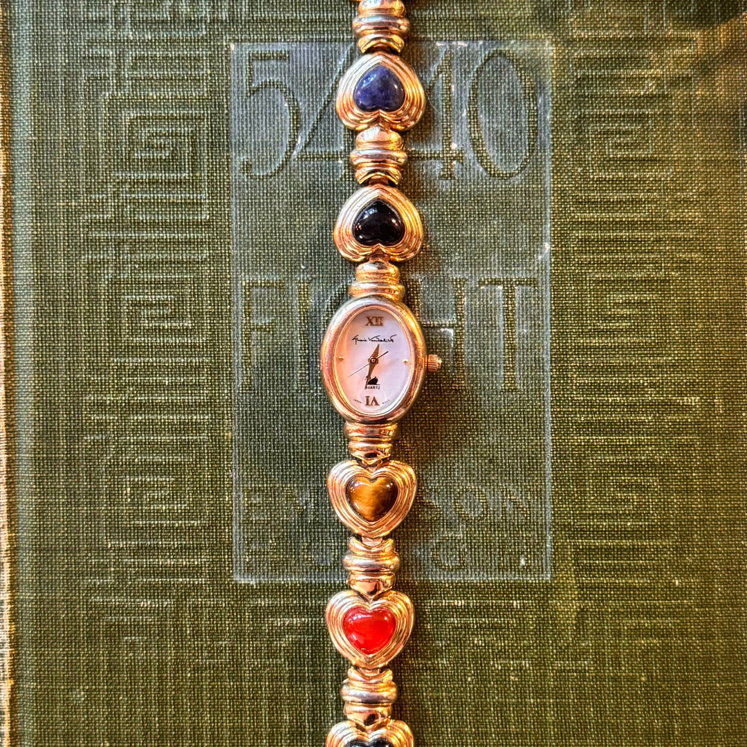 Gold Heart Watch with Multicolored Stones