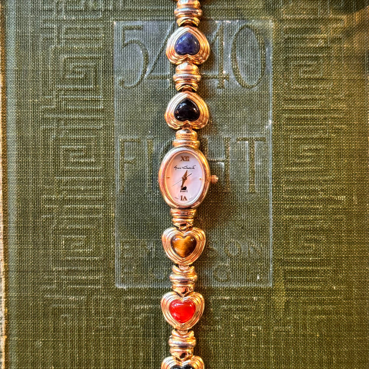 Gold Heart Watch with Multicolored Stones