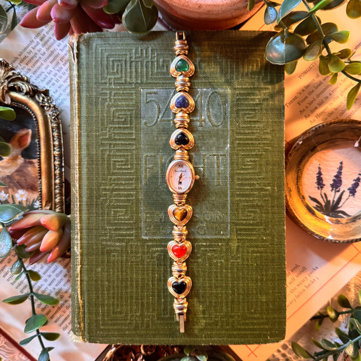 Gold Heart Watch with Multicolored Stones