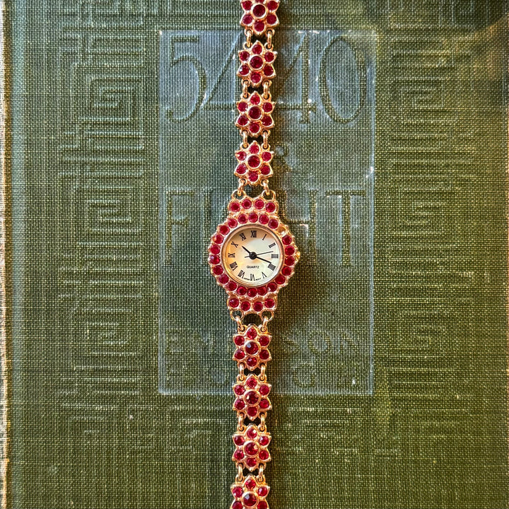 Gold Floral Watch with Red Rhinestones