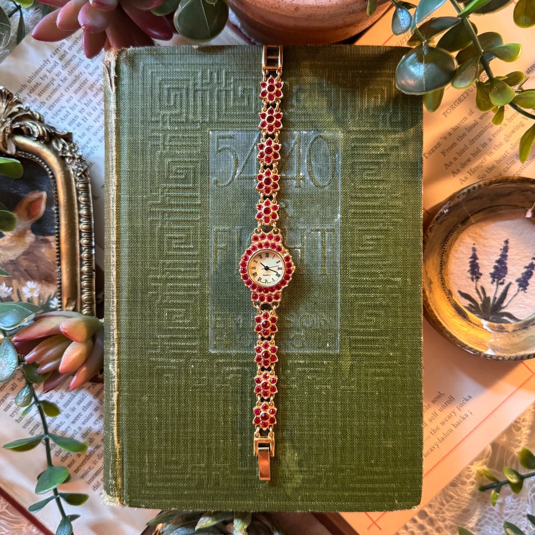 Gold Floral Watch with Red Rhinestones