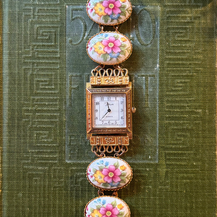 Repurposed Gold Floral Enamel Watch