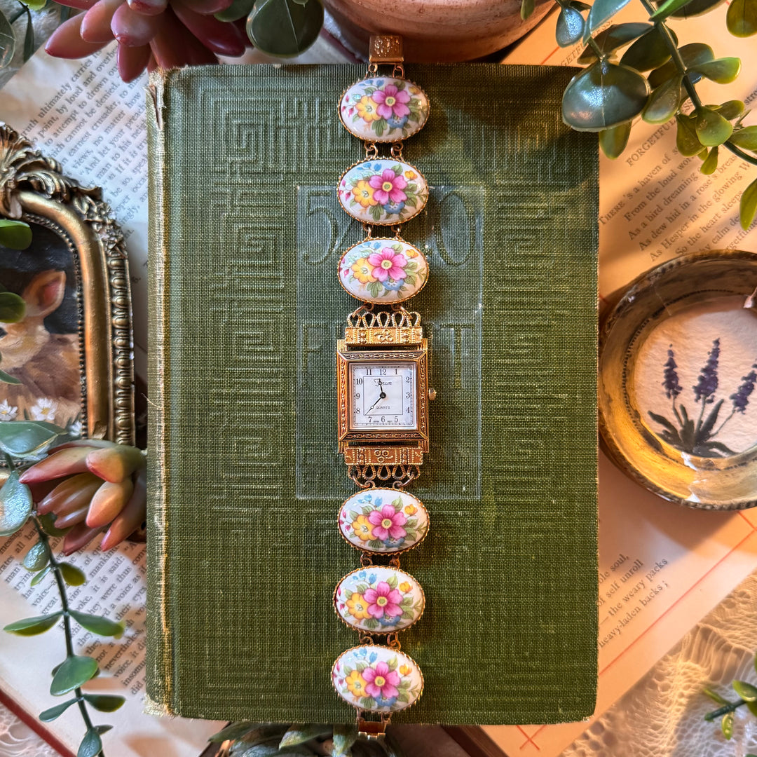 Repurposed Gold Floral Enamel Watch