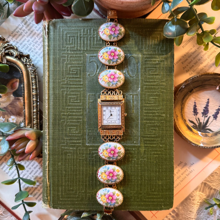Repurposed Gold Floral Enamel Watch