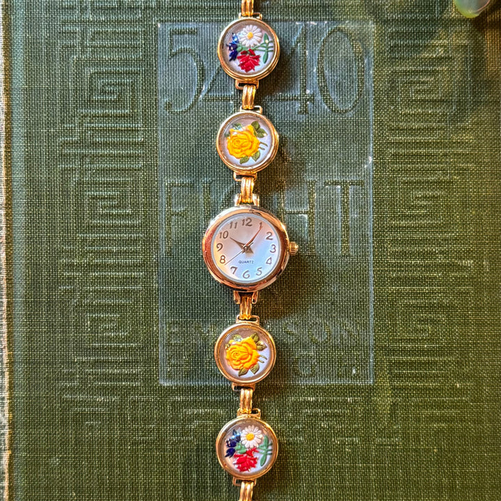 Repurposed Gold Floral Charm Watch