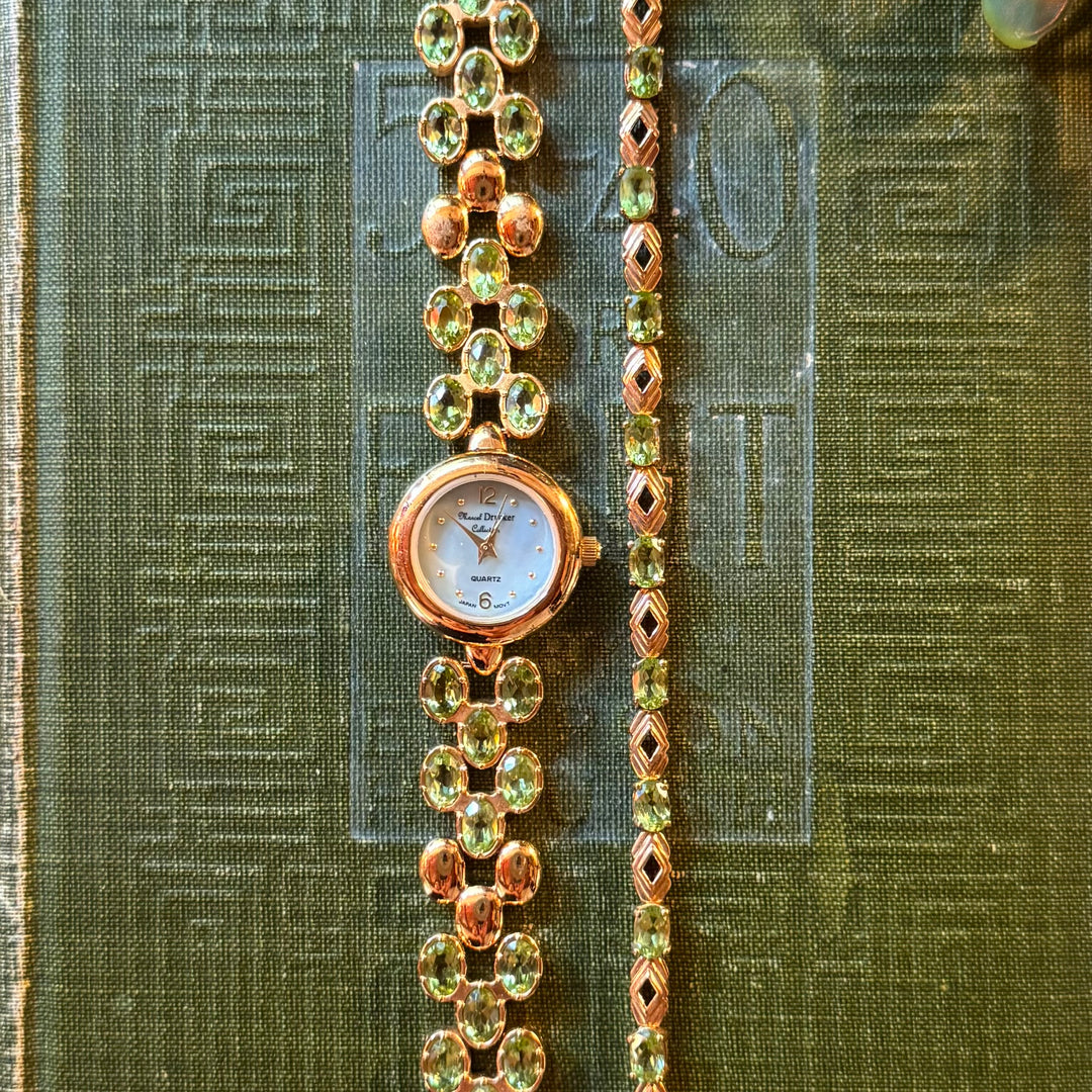 Gold Watch with Green Stones and Matching Bracelet