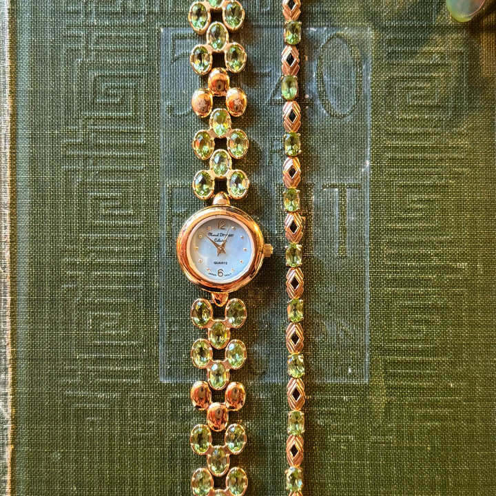 Gold Watch with Green Stones and Matching Bracelet