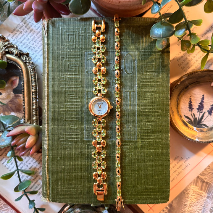 Gold Watch with Green Stones and Matching Bracelet