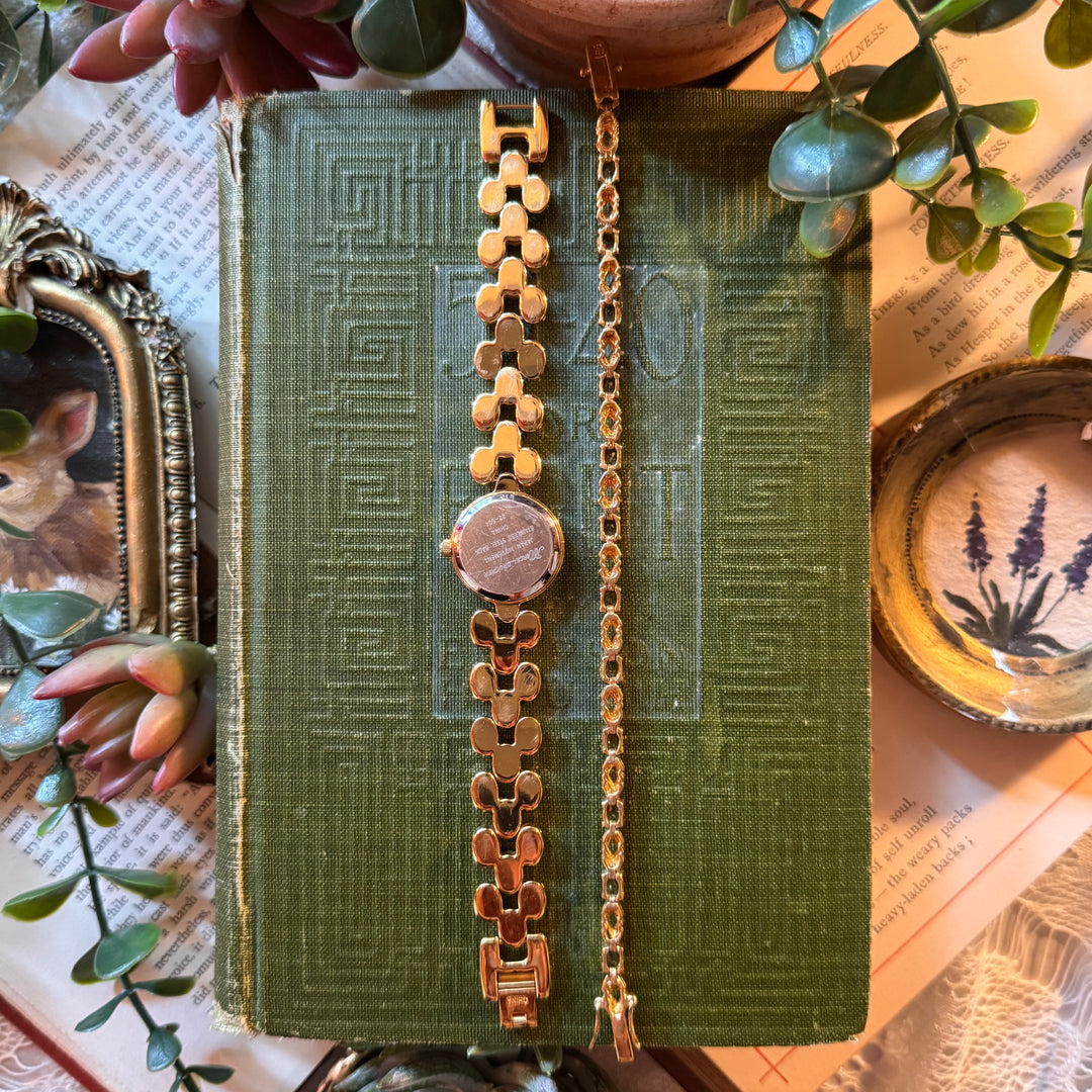 Gold Watch with Green Stones and Matching Bracelet