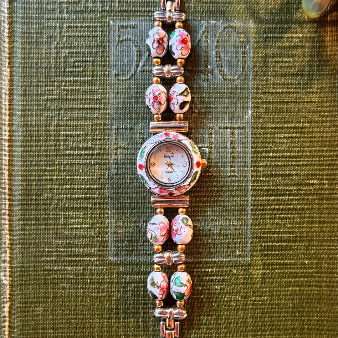 Gold Floral Enamel Watch