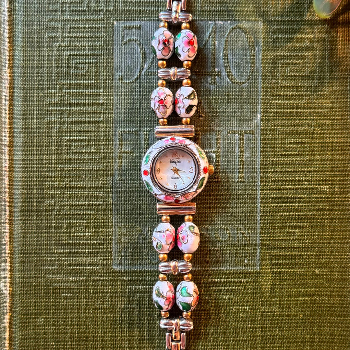 Gold Floral Enamel Watch