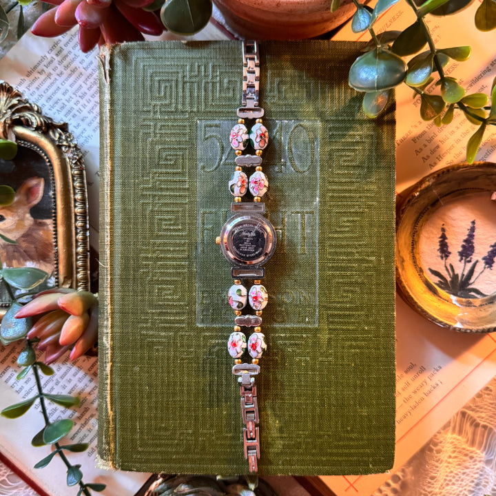 Gold Floral Enamel Watch