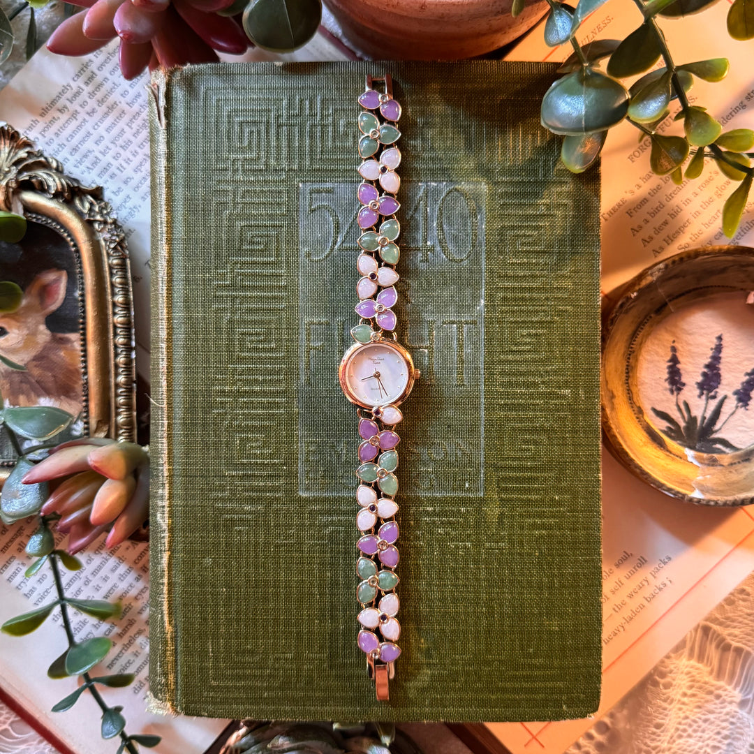 Gold Multicolor Jade Floral Watch