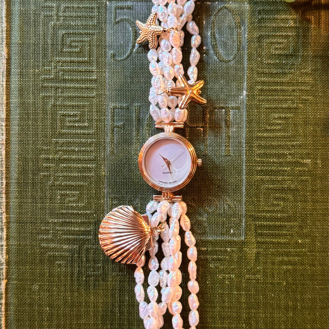 Gold Genuine Rice Bead Pearl Watch with Shell Locket