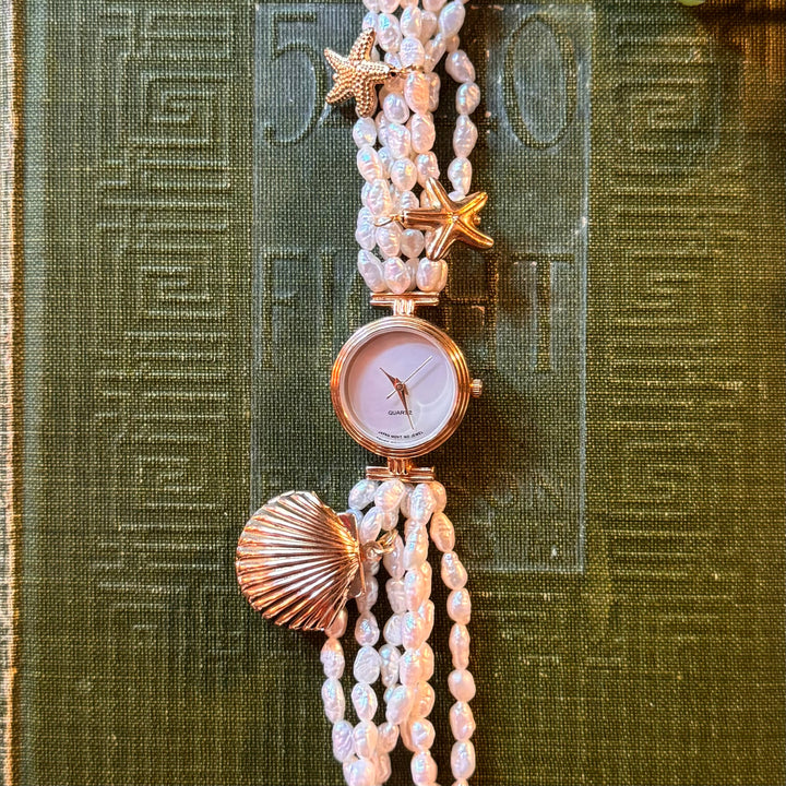 Gold Genuine Rice Bead Pearl Watch with Shell Locket