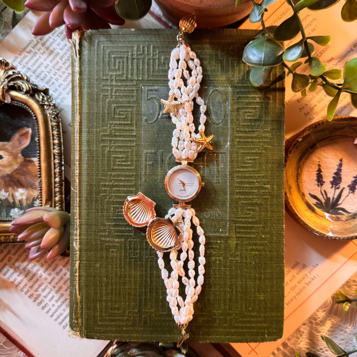 Gold Genuine Rice Bead Pearl Watch with Shell Locket