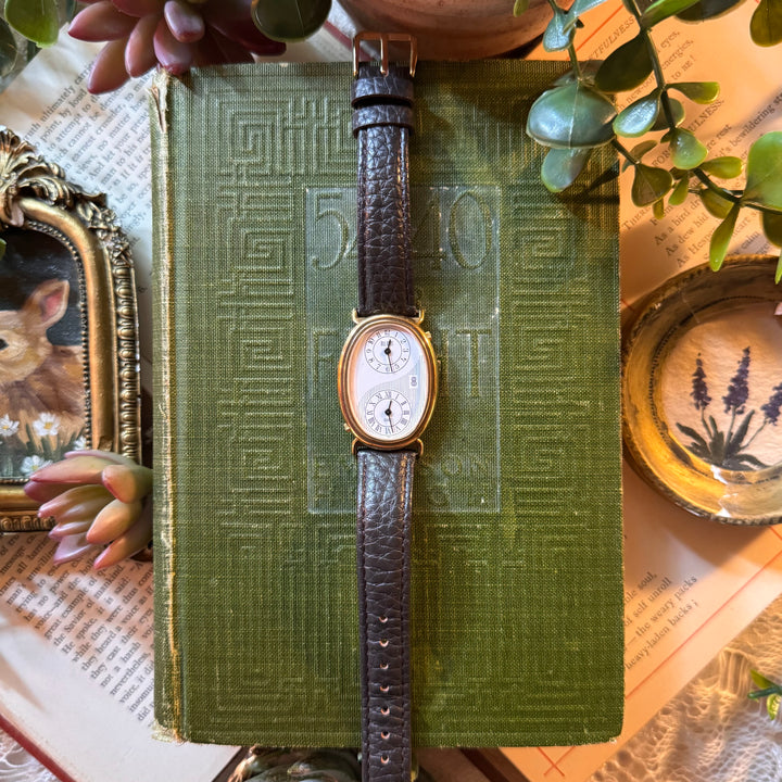 Gold Brown Leather Double Clock Watch