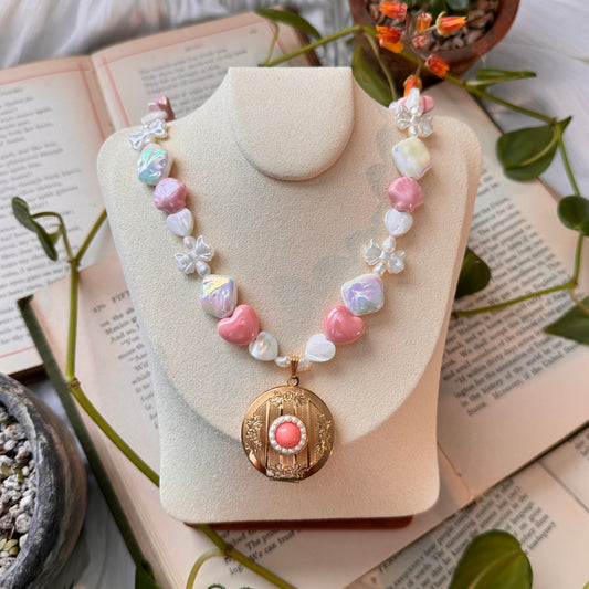 Handmade Gold Locket Necklace with Pink Ceramic Beads and Pearls