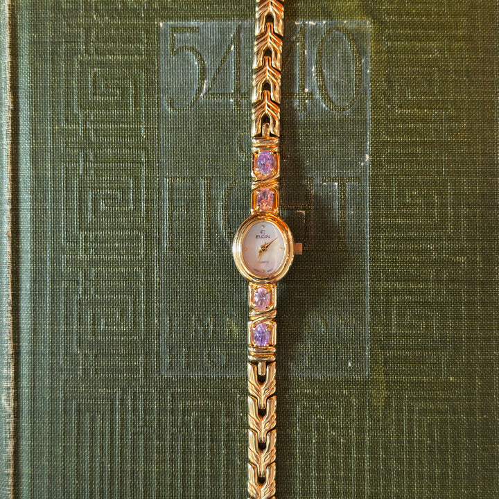 Gold Dainty Pink & Purple Rhinestones Watch