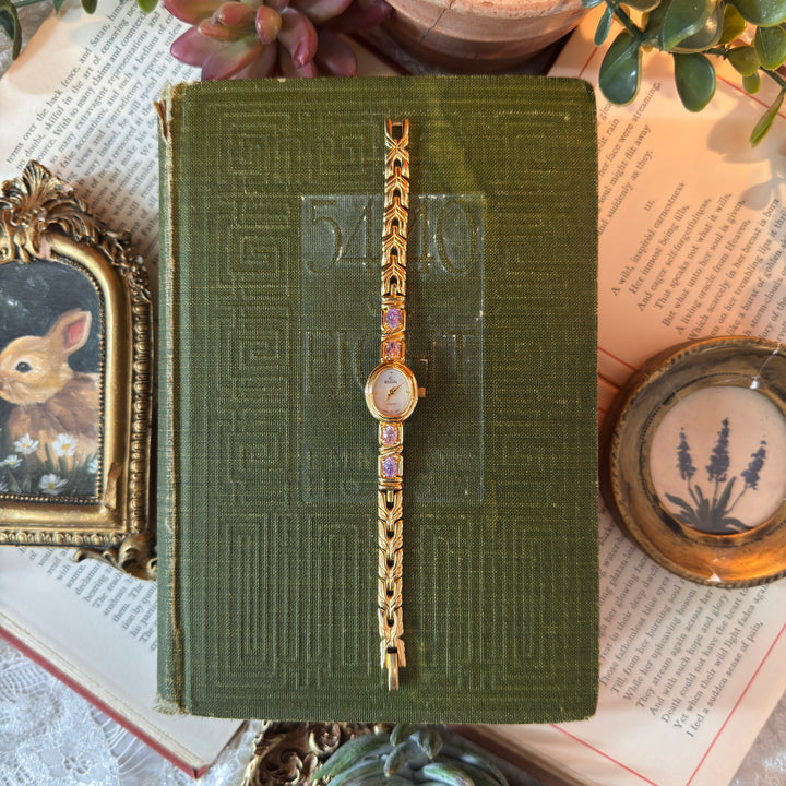 Gold Dainty Pink & Purple Rhinestones Watch