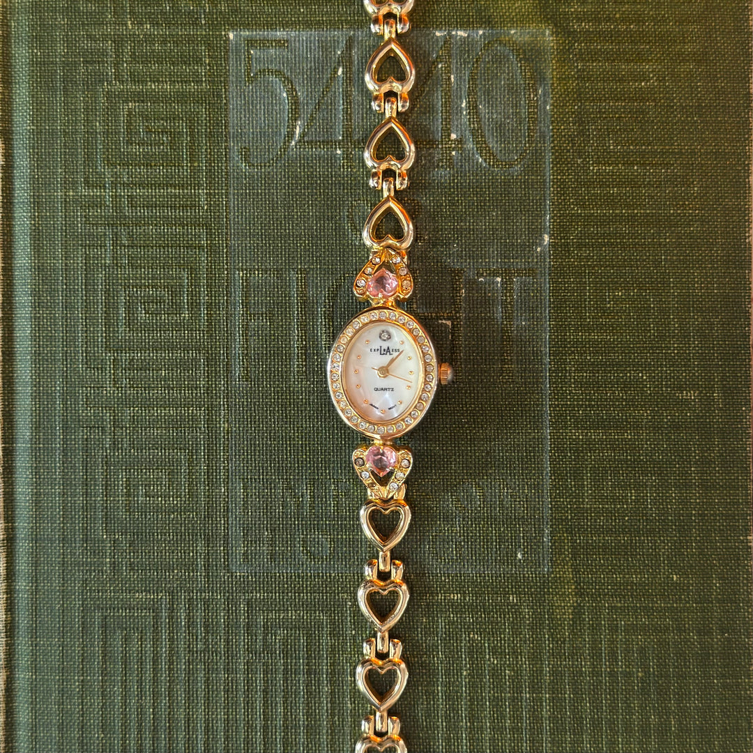 Gold Pink Heart Rhinestones Watch