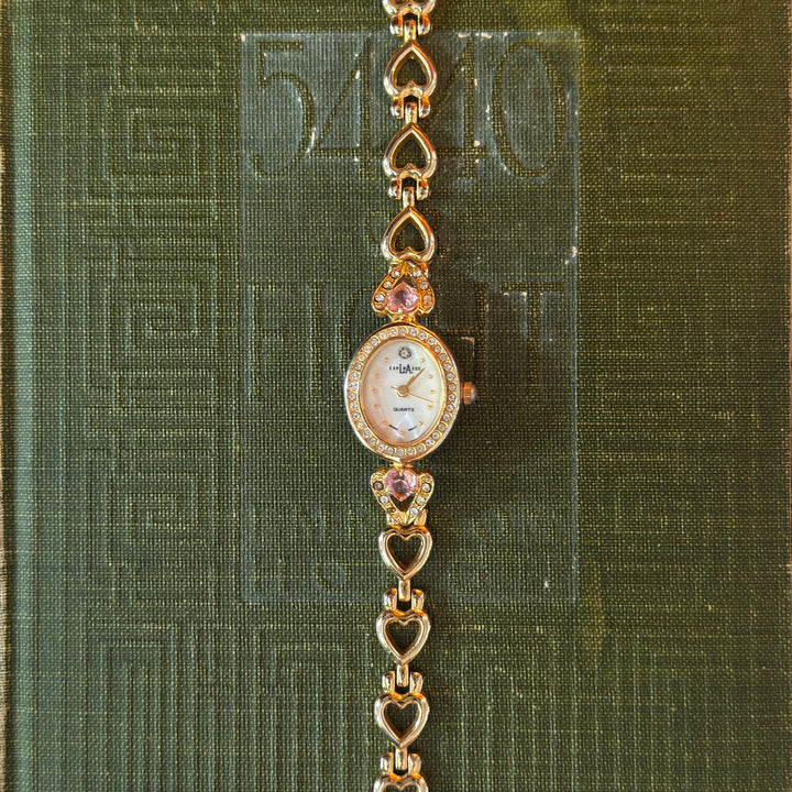Gold Pink Heart Rhinestones Watch