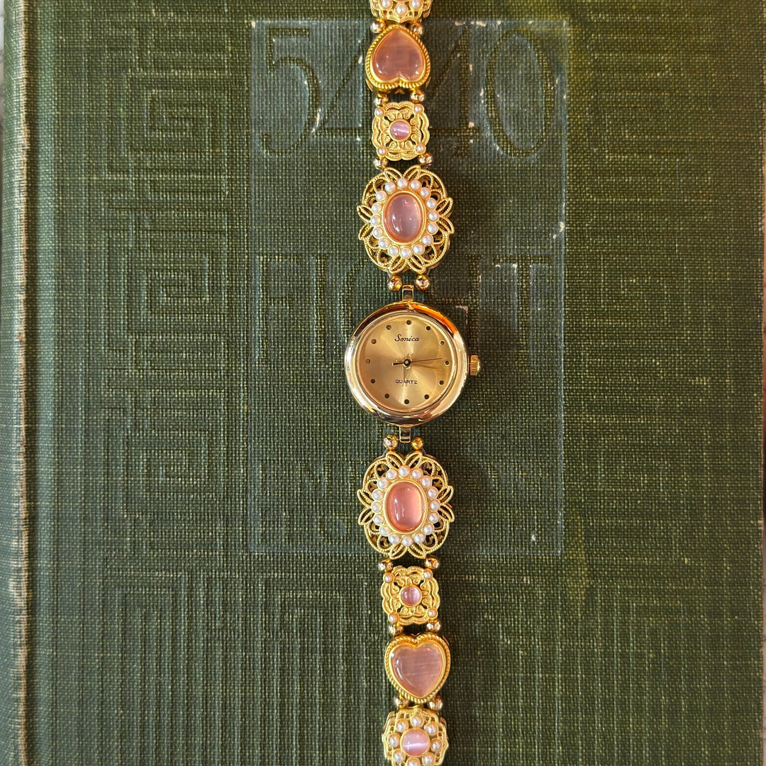 Gold Handmade Pink & Pearl Watch