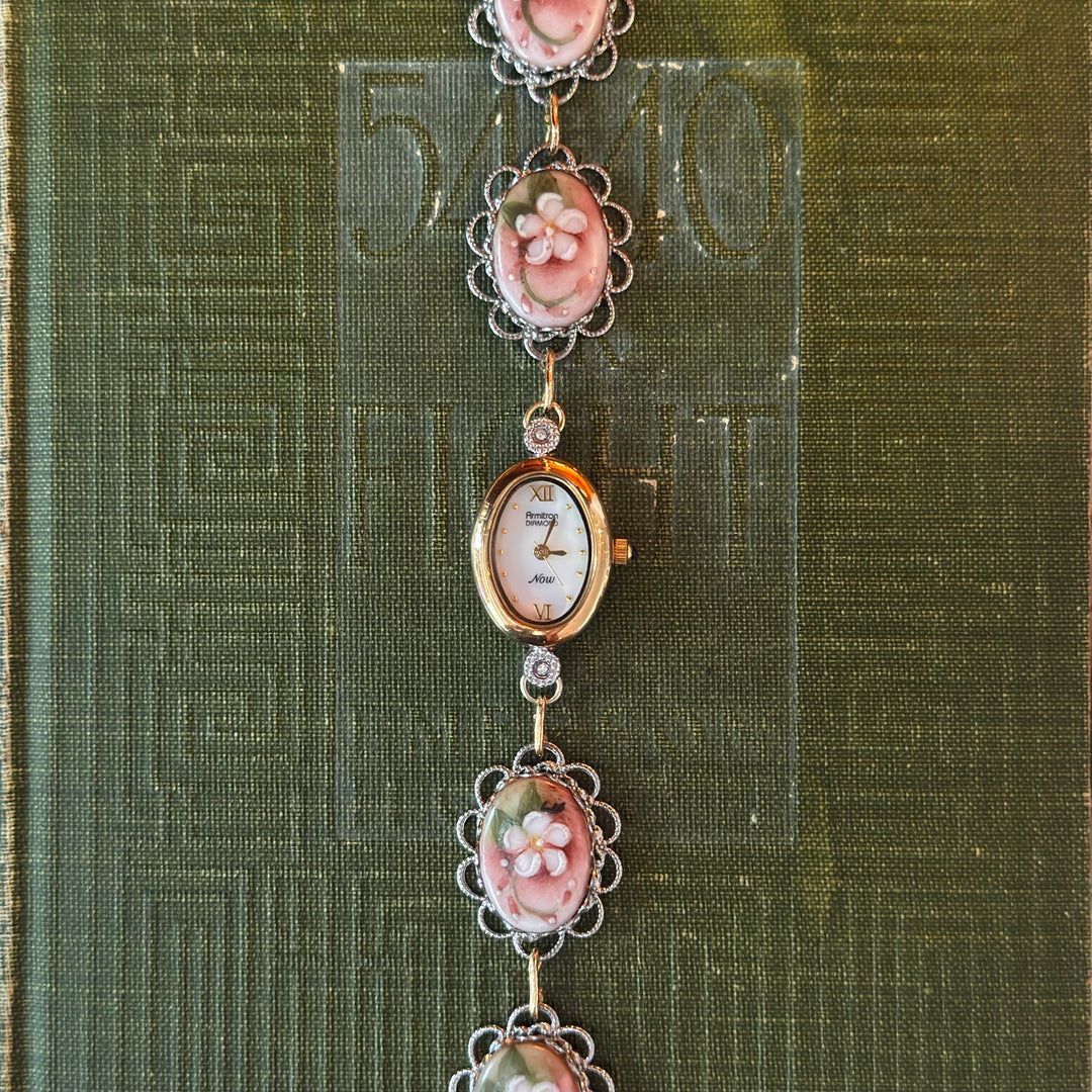 Repurposed Two Tone Floral Hand-Painted Enamel Watch